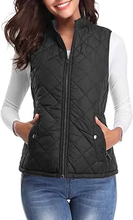 Fuinloth Women's Quilted Vest, Stand Collar Lightweight Zip Padded Gilet