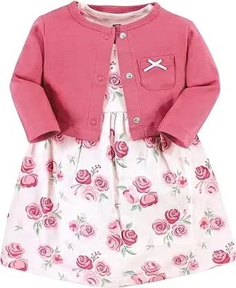 Hudson Baby Toddler Girl Cotton Dress and Cardigan Set, Blush Rose, 3 Toddler