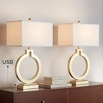 360 Lighting Modern Table Lamps 28 1/2" Tall Set of 2 with USB Charging Port Brushed Gold Open Ring White Rectangular Shade for Bedroom Living Room