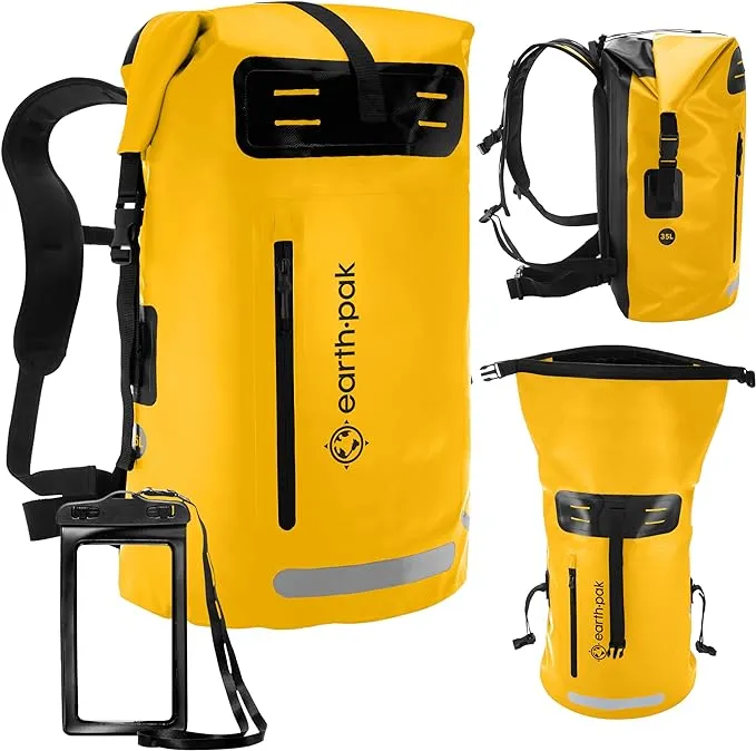 Earth Pak Waterproof Backpack - Heavy Duty Hiking Backpack - Roll-Top Closure - Waterproof Bag - Cushioned Dry Bags Waterproof w/ IPX8 Waterproof Phone Case - Wet Bag for Hiking, Kayak (Yellow, 35L)