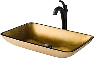 KRAUS 22-inch Rectangular Gold Glass Bathroom Vessel Sink and Matte Black Arlo Faucet Combo Set with Pop-Up Drain, C-GVR-210-RE-1200MB