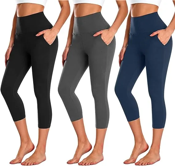 NEW YOUNG 3 Pack Capri Leggings for Women with Pockets-High Waisted Tummy Control Workout Gym Yoga Pants