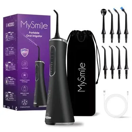 MySmile LP211 Cordless Advanced Water Flossers for Teeth, 5 Cleaning Modes Rechargeable Power Dental Flosser 8 Replacement Jet Tips IPX 7 Waterproof Dental Irrigador with Portable Travel Storage Pouch