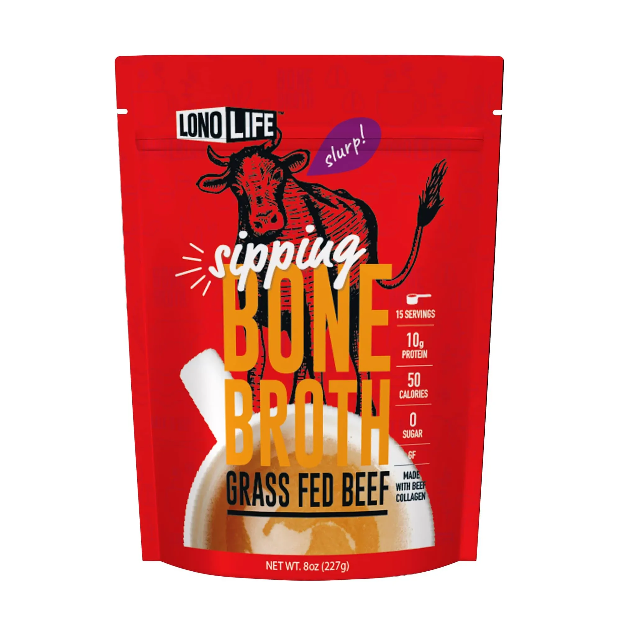 LonoLife Grass-Fed Beef Bone Broth Powder with 10g Protein, Paleo and Keto Friendly, 8-Ounce Bulk Container