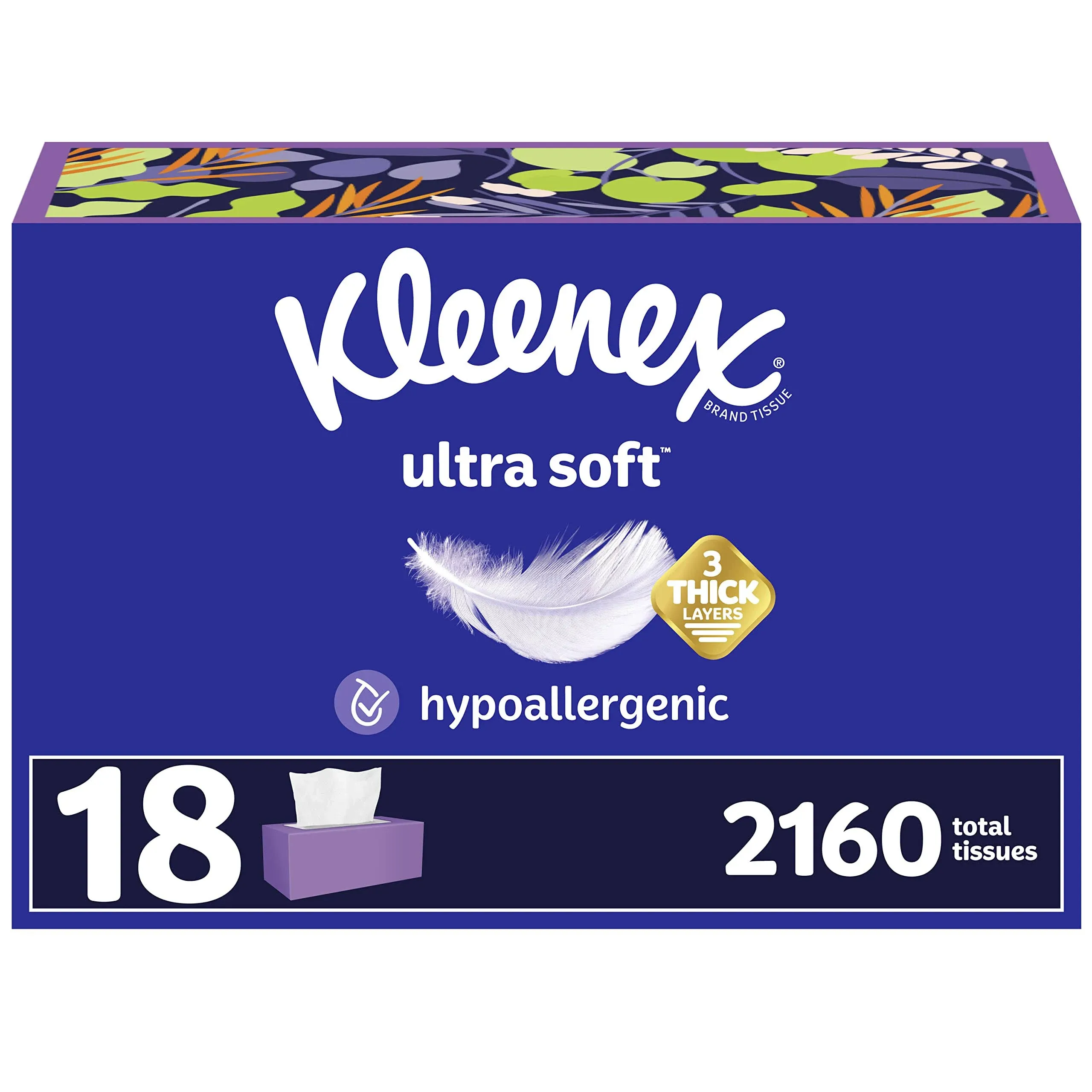 Kleenex Ultra Soft Facial Tissues, 18 Flat Boxes, 120 Tissues per Box, 3-Ply (2,160 Total Tissues), Packaging May Vary