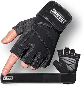 Trideer Padded Workout Gloves for Men - Gym Weight Lifting Gloves with Wrist Wrap Support, Full Palm Protection & Extra Grips for Weightlifting, Exercise, Cross Training, Fitness, Pull-up