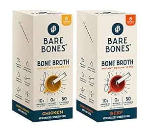 Bare Bones Bone Broth Instant Powdered Mix, Variety Pack, 8 Chicken and 8 Beef, 15g Sticks, 10g Protein, Keto & Paleo Friendly Bone Broth Packets, 16 Total Servings