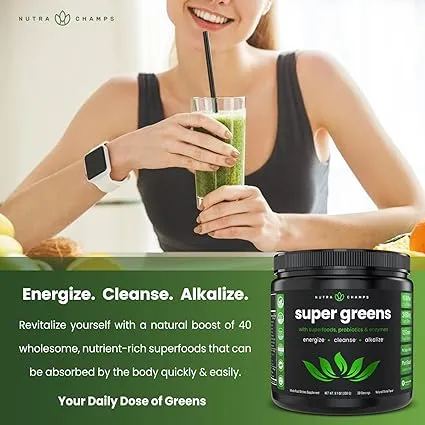 NutraChamps Super Greens Powder Premium Superfood | 20+ Organic Green Veggie Whole Foods | Wheat Grass, Spirulina, Chlorella & More | Antioxidant, Digestive Enzyme & Probiotic Blends