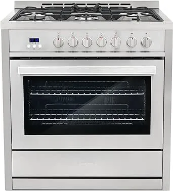 COSMO COS-F965NF 36 in. Dual Fuel Range with 5 Gas Burners, Electric Convection Oven with 3.8 cu. ft. Capacity, 8 Functions, Black Porcelain Interior in Stainless Steel