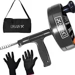 Drainx Pro Steel Drum Auger Plumbing Snake Heavy Duty 25ft Drain Cable with Work Gloves and Storage Bag