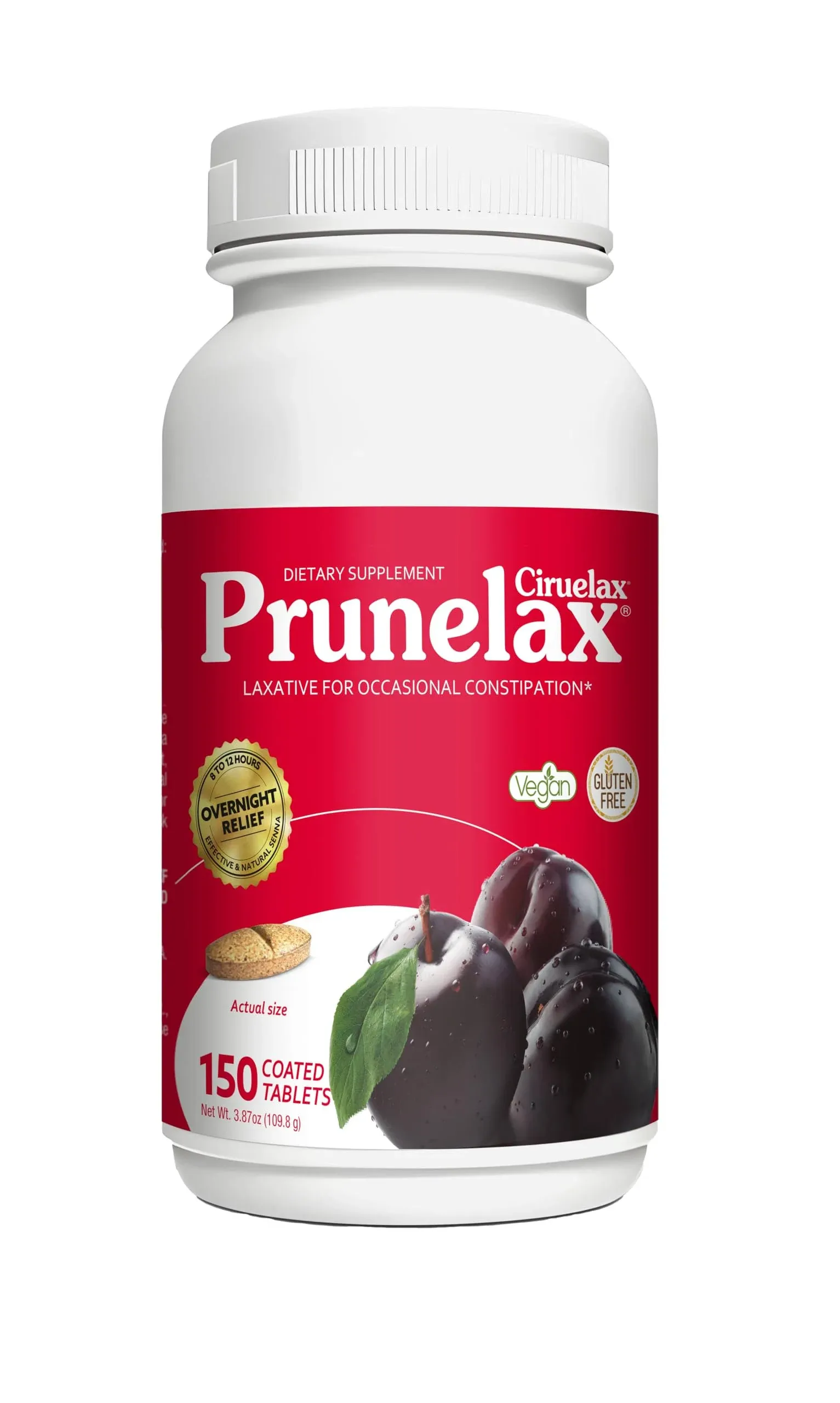 Prunelax Ciruelax Fuerza Regular Tabletas Laxantes - la Noche de Alivio para el Estreñimiento Ocasional, Extracto de Senna, Vegana & Libre de Gluten, de acción Rápida, Suave Alivio - 150ct