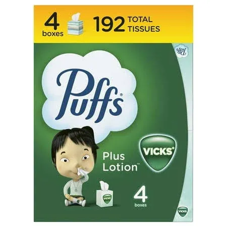 Puffs Plus Lotion with Vicks Facial Tissues, 4 Cubes, 48 Tissues per Box