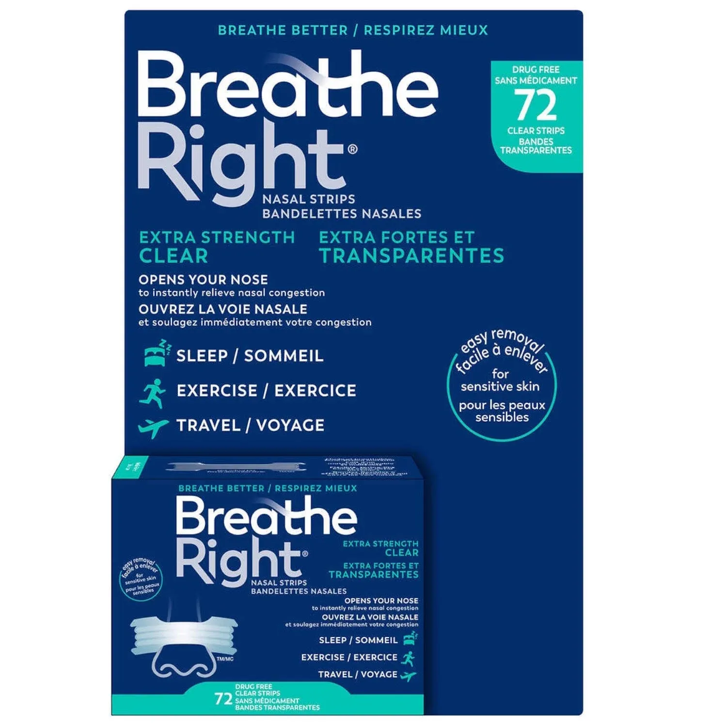 Breathe Right Extra Strength 72 Clear Nasal Strips For Sensitive Skin EXP:03/27