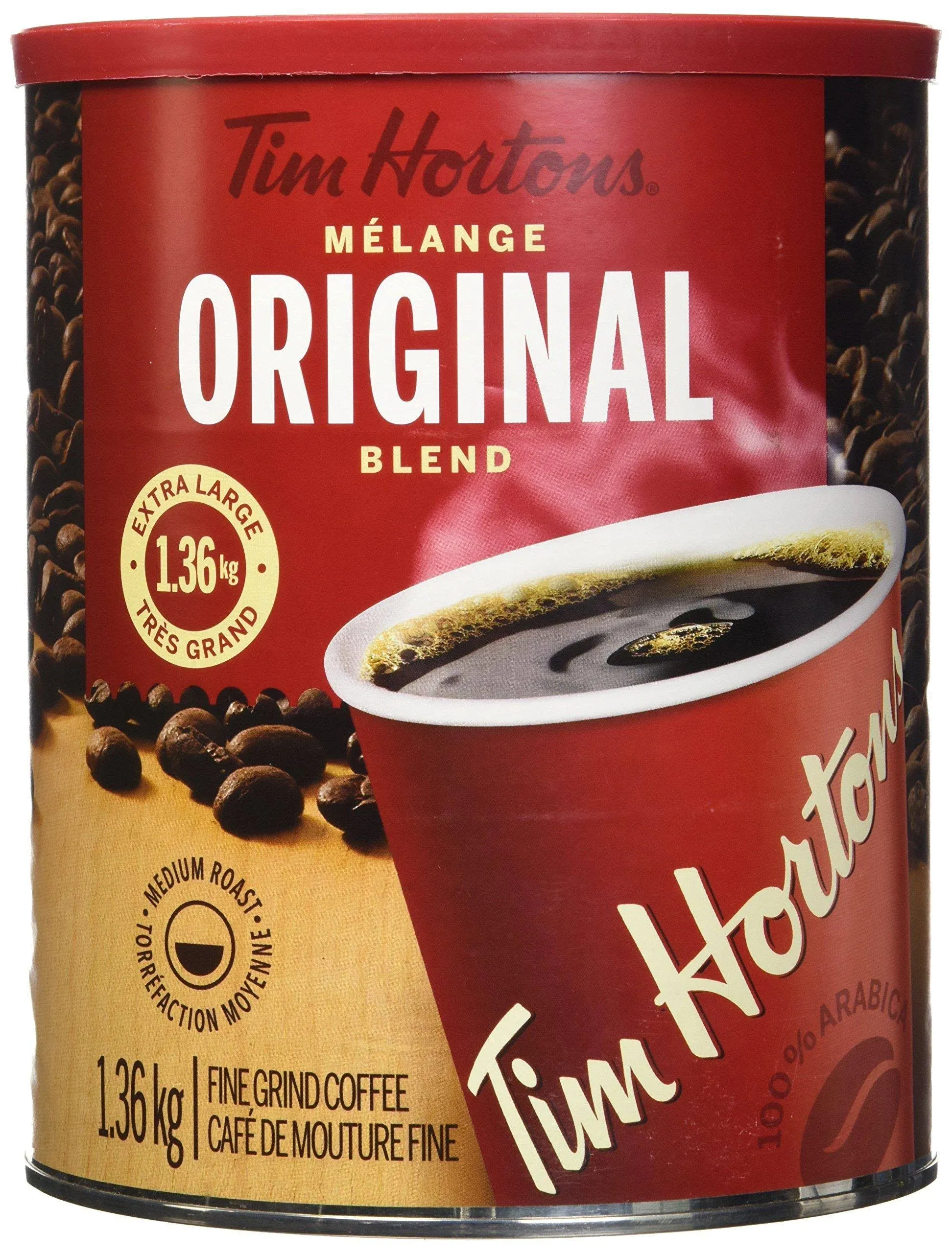 Tim Hortons 100% Arabica Medium Roast Original Blend Ground Coffee 48 Ounces 3 Pound Can Imported from Canada