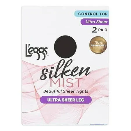 L'eggs Silken Mist, Ultra Sheer Leg, Run Resistant, Control Top, Black, Size B - 2 ct