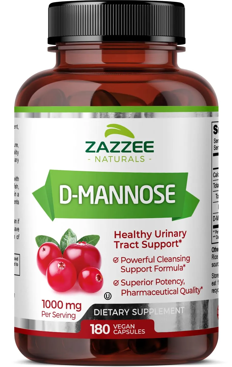 Zazzee D-Mannose 1000 mg per Serving Pure Potent Fast-Acting Capsules