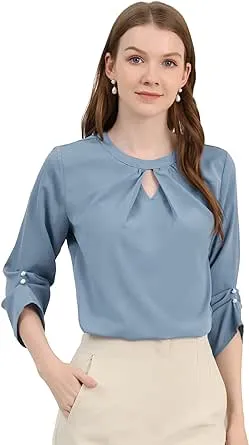 Allegra K Women's Work Office Keyhole Pleated Front Ruched 3/4 Sleeve Chiffon ...