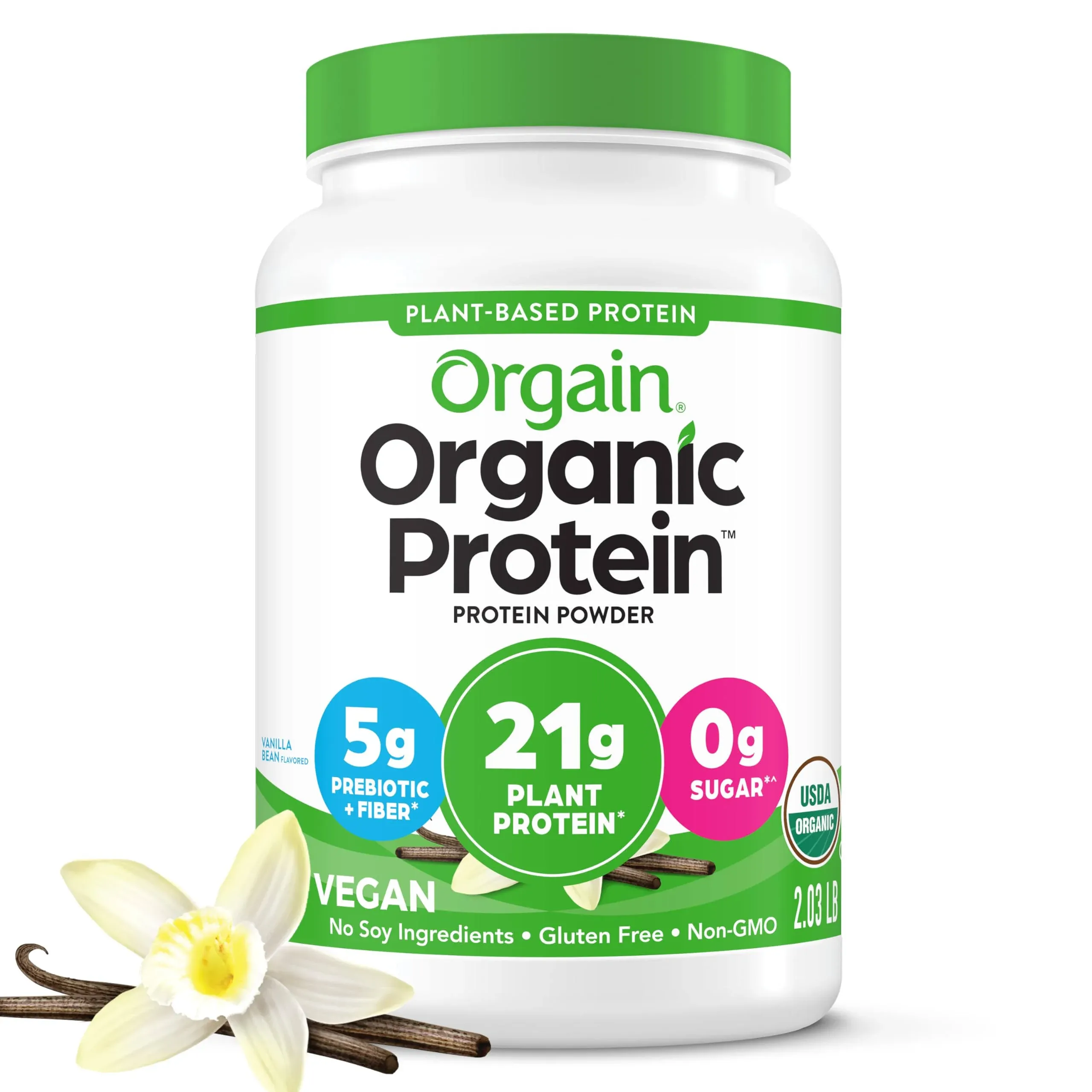 Orgain
           Organic Vegan 21g Protein Powder Plant Based Vanilla Bean -- 2.03 lb
        
        
        
        
        
          
          SKU #: 851770003254
          
            Shipping Weight:
              2.335 lb
            
          
          
            Servings:
              About 20