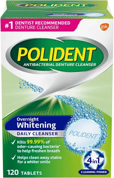 Polident Overnight Whitening Antibacterial Denture Cleanser Tablets - 84 ct