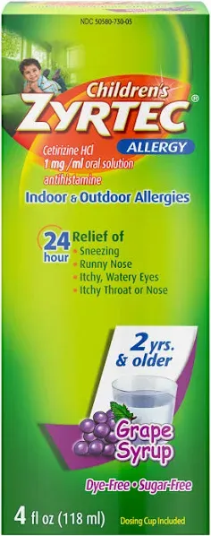 Childrens Allergy Relief Syrup Indoor/Outdoor Zyrtec Grape Flavor 1 fl oz X-7/25