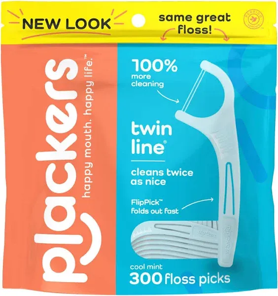 Plackers Twin-Line Dental Flossers, Cool Mint Flavor, Dual Action Flossing System, Easy Storage, Super Tuffloss, 2X The Clean, 75 Count (Pack of 2)