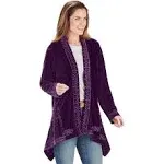 Floriana Women's Floral Embroidered Velvet Kimono - Boho Open Front Cardigan - Purple - Medium