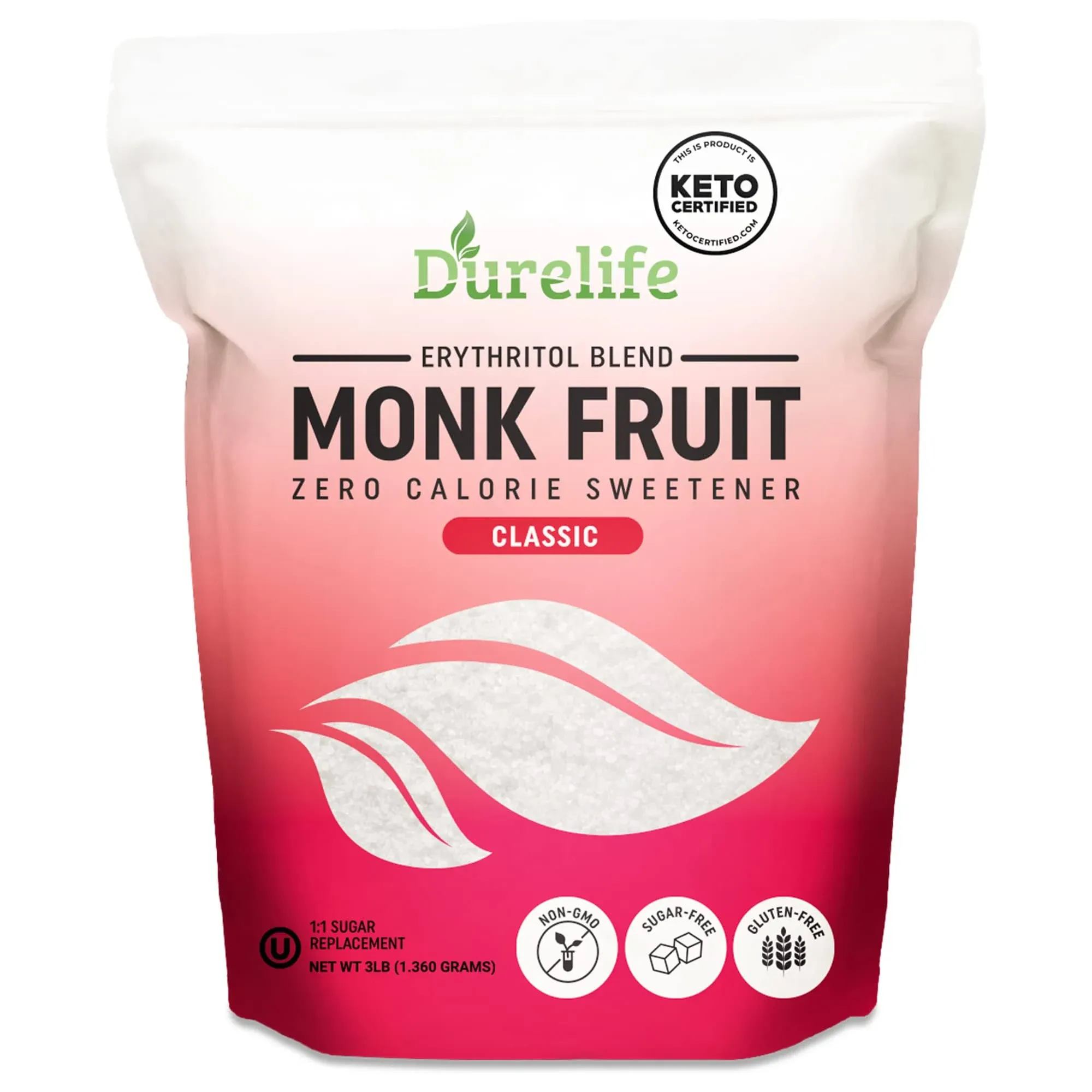 Durelife Monk Fruit Sweetener, Sugar Substitute, Keto Diet Friendly, Zero Calorie, White Sugar Substitute, Classic White - 3 lb (Packaging May Vary)