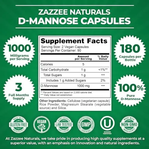 Zazzee D-Mannose 180 Vegan Capsules, 1000 mg per Serving, Pure, Potent and Fast-