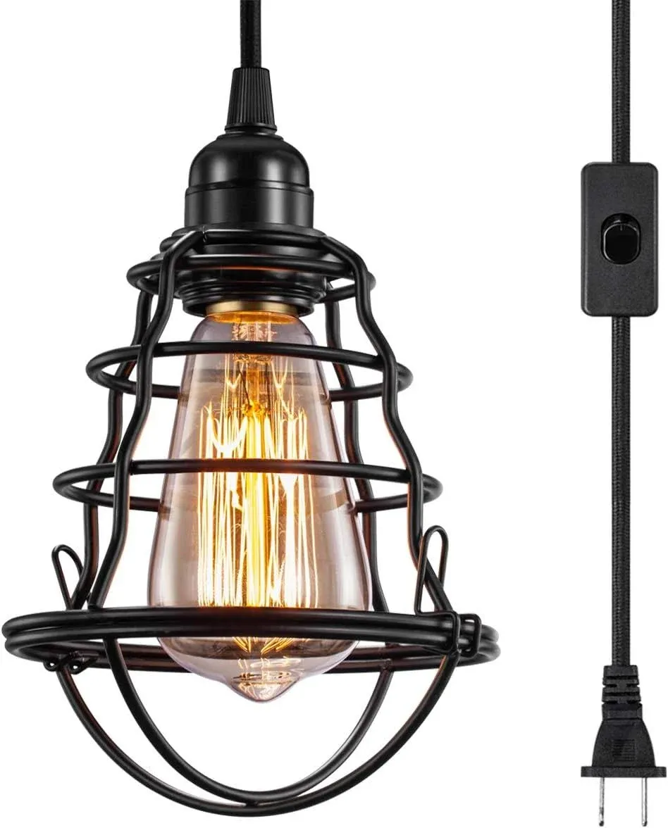 Asnxcju Industrial Plug in Pendant Light, Vintage Hanging Cage Pendant Light with Plug in Cord, Farmhouse E26 E27 Edison Pendant Lighting with On/Off Switch for Living Room Dining Room