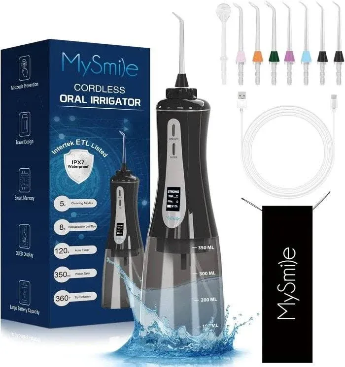 MySmile LP211 Cordless Advanced Water Flossers for Teeth, 5 Cleaning Modes Rechargeable Power Dental Flosser 8 Replacement Jet Tips IPX 7 Waterproof