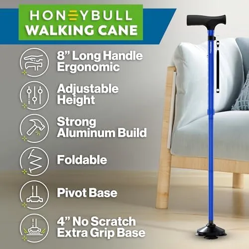 HONEYBULL Walking Cane for Men & Women - Foldable, Adjustable, Collapsible, Free Standing Cane, Pivot Tip, Heavy Duty | Walking Sticks, Folding Canes for Seniors & Adults [Blue]