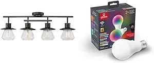 Globe Electric 59530 Nate 4-Light Dark Bronze Track Lighting with Clear Glass Shades + 34207 Wi-Fi Smart 10W (60W Equivalent) Multicolor Changing RGB Tunable White Frosted LED Light Bulb 2-Pack