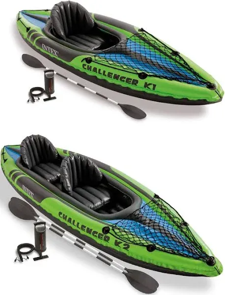 Intex 1 Person Inflatable Kayak with a 86 Inch Oar and a 2 Person Inflatable Kayak with 84 Inch Oars and Hand Pump for Lakes and Mild Rivers