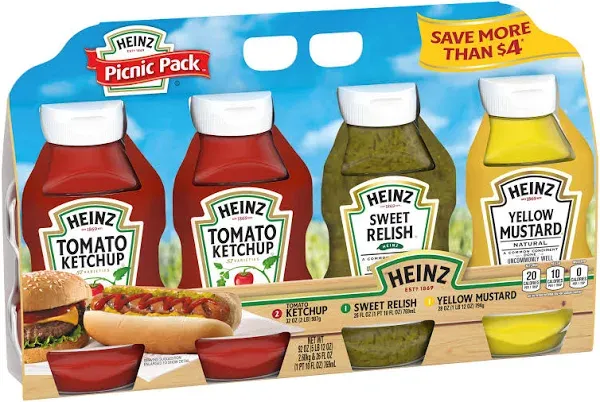 heinz tomato ketchup, relish, and mustard picnic pack, 3 count