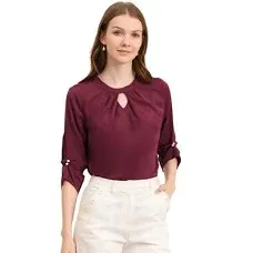 Allegra K Women's Office Keyhole Pleated Front Ruched 3/4 Sleeve Chiffon Blouse