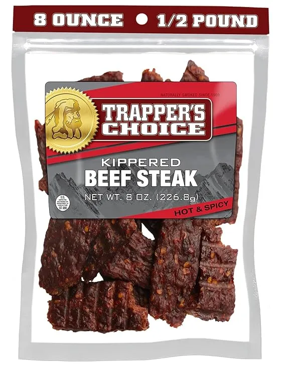 Old Trapper, Trapper's Choice Hot & Spicy Kippered Beef Steak, Eight-Ounce Individual Package, 10 Grams of Protein and 70 Calories Per Serving (Pack of One)