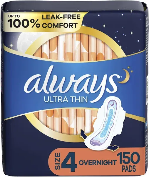 Always Ultra Thin Overnight Pads with Wings, Size 4, Overnight, 96 Count