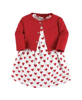 Hudson Baby Cotton Dress and Cardigan Set, Red Hearts