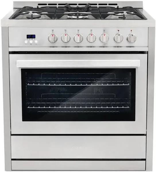 COSMO F965 36 in. 220/240V Dual Fuel Range with 5 Gas Burners, Electric Convection Oven with 3.8 cu. ft. Capacity, 8 Functions, Black Porcelain Interior in Stainless Steel