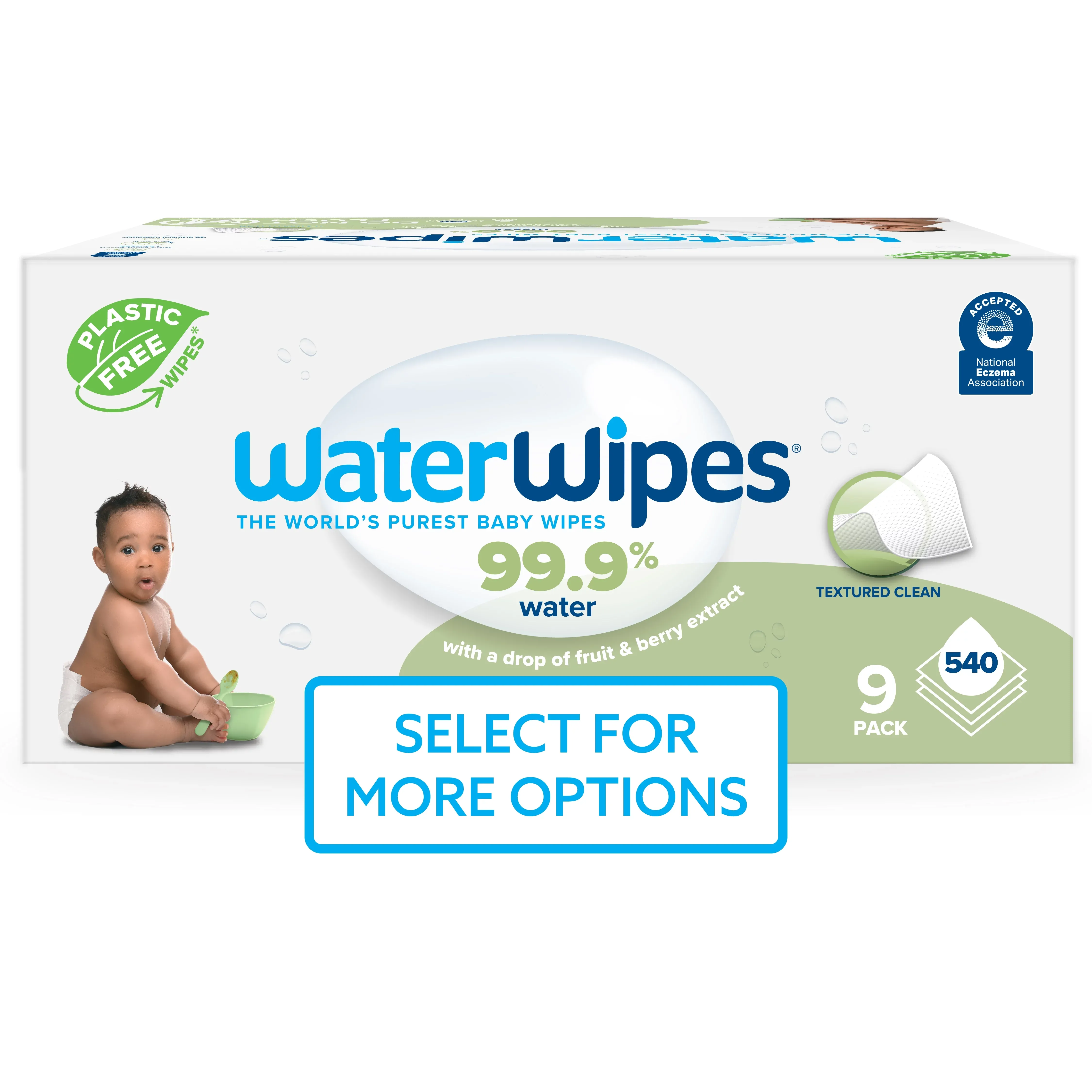 WaterWipes Textured Clean 99.9% Water Based Toddler & Baby Wipes, 9 Resealable Packs (540 Wipes)