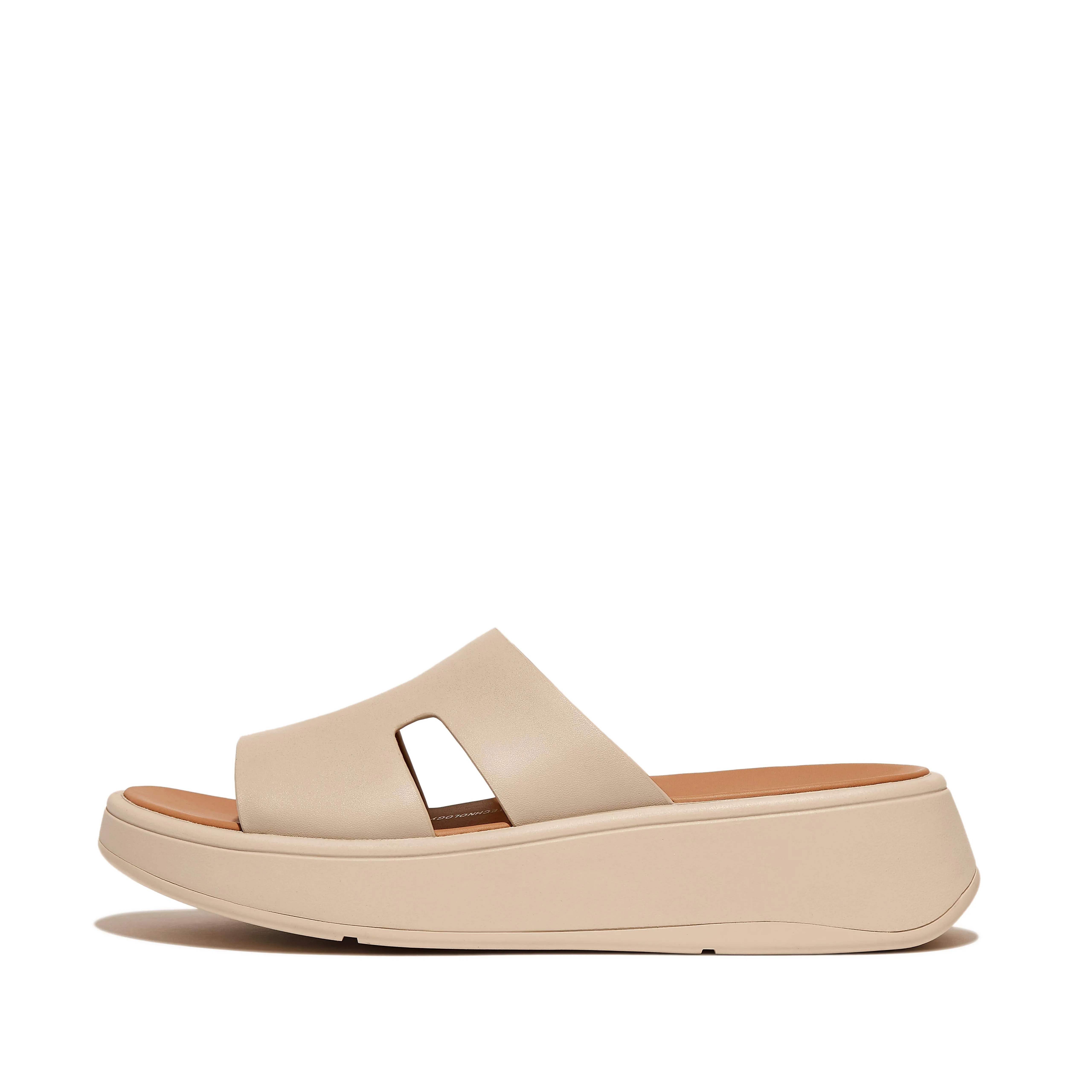 Fitflop F-Mode Raw-Edge Leather Flatform H-Bar Slides Women's Sandals Stone Beige : 9 M (B)