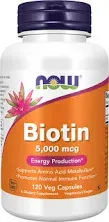 NOW Foods Supplements, Biotin 5,000 mcg, Amino Acid Metabolism*, Energy Production*, 60 Veg Capsules