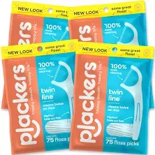 Plackers Twin-Line Dental Floss Picks, 75 Count (Pack of 4), Blue