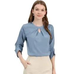 Allegra K Women's Office Keyhole Pleated Front Ruched 3/4 Sleeve Chiffon Blouse