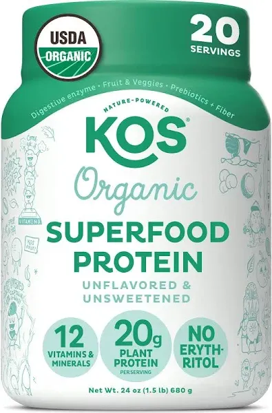 KOS Vegan Protein Powder Erythritol Free, Vanilla - USDA Organic Pea Protein Blend, Plant Based Superfood Rich in Vitamins & Minerals - Keto, Dairy Free - Meal Replacement for Women & Men, 15 Servings