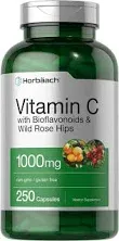 Horbäach Vitamin C 1000mg | 250 Capsules | with Bioflavonoids and Rose HIPS | Non-GMO, Gluten Free Supplement | High Strength Formula