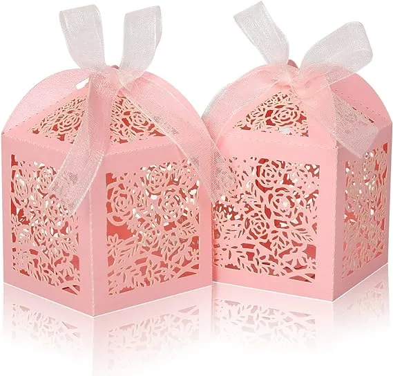 100pcs Laser Cut Favor boxes, Wedding Favors Candy Boxes with Ribbons and Tags, Small Gift Boxes for Wedding,Party,Baby Shower,Bridal Shower (100-2x2x2.76", Pink)