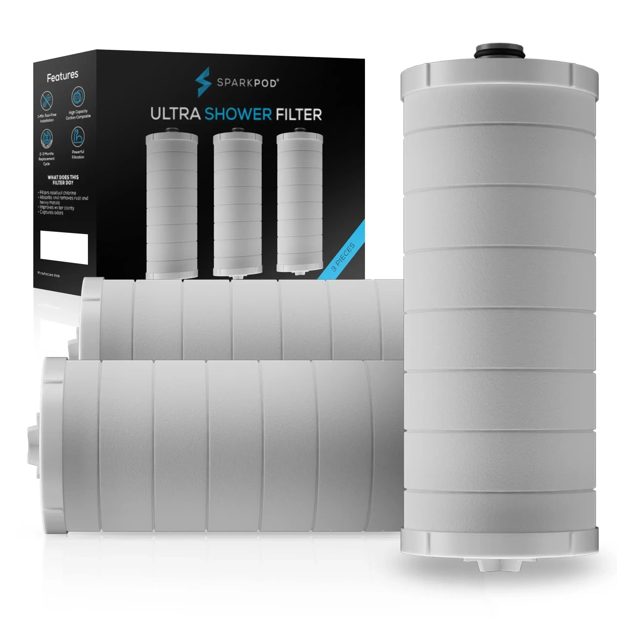 SparkPod Ultra Shower Filter Cartridge - High Output Shower Head Filter Cartridge Replacement - Unique Filtration Method Removes Up To 95% of Chlorine, Heavy Metals, Sediments & Impurities (3 Pieces)