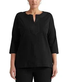 Lauren Ralph Lauren Plus Size Round Split Neck Jersey Top 3/4 Sleeve Black 2X