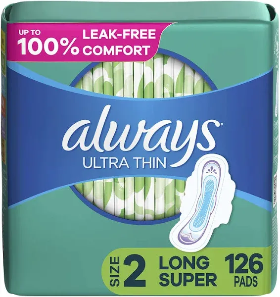 Always Ultra Thin Feminine Pads with Wings for Women, Super Absorbency, Unscented, Size 2, 126 Count